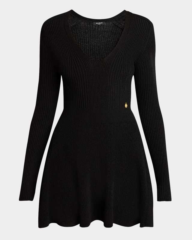 Plunging Long-Sleeve Rib Knit Mini Dress